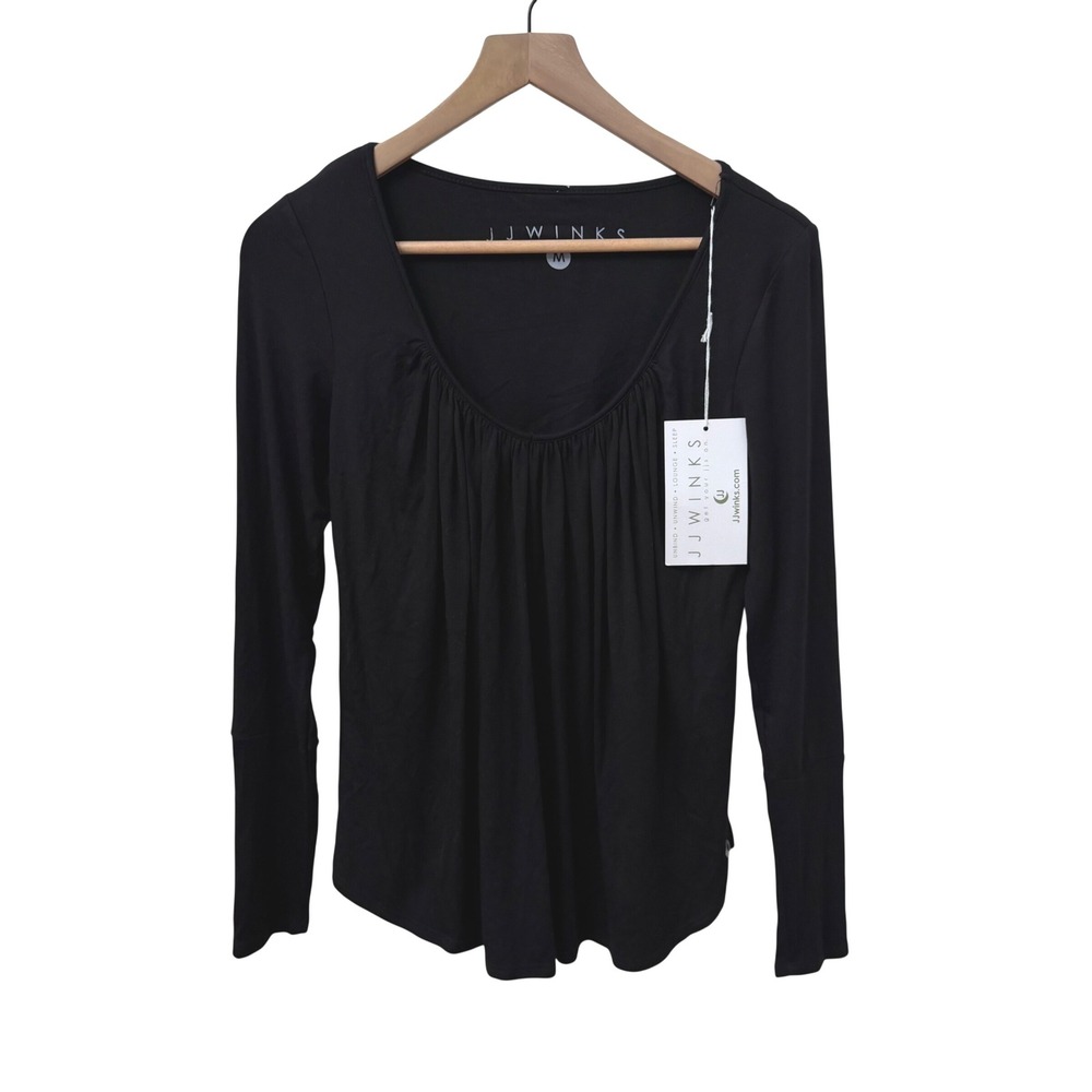 JJ Winks Light Hug Top Size M Black Long Sleeve Built-in Shelf Bra Loungewear